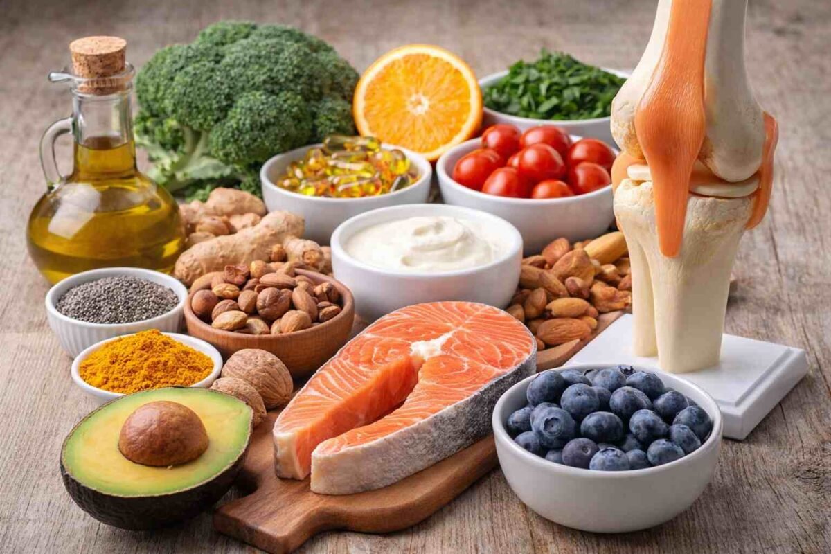 Healthy foods for knee pain relief and joint health including salmon, nuts, fruits, and turmeric