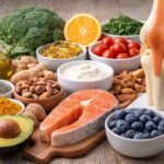 Healthy foods for knee pain relief and joint health including salmon, nuts, fruits, and turmeric