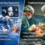 Robotic knee replacement vs traditional knee surgery comparison showing precision technology and manual surgical procedure