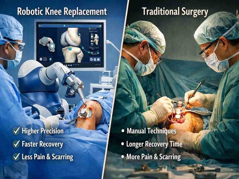 Robotic knee replacement vs traditional knee surgery comparison showing precision technology and manual surgical procedure