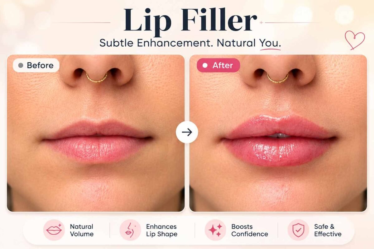 Side-by-side comparison showing lips before and after dermal filler treatment, with the after image displaying subtle increased volume, improved symmetry, and enhanced lip definition while maintaining a natural appearance.