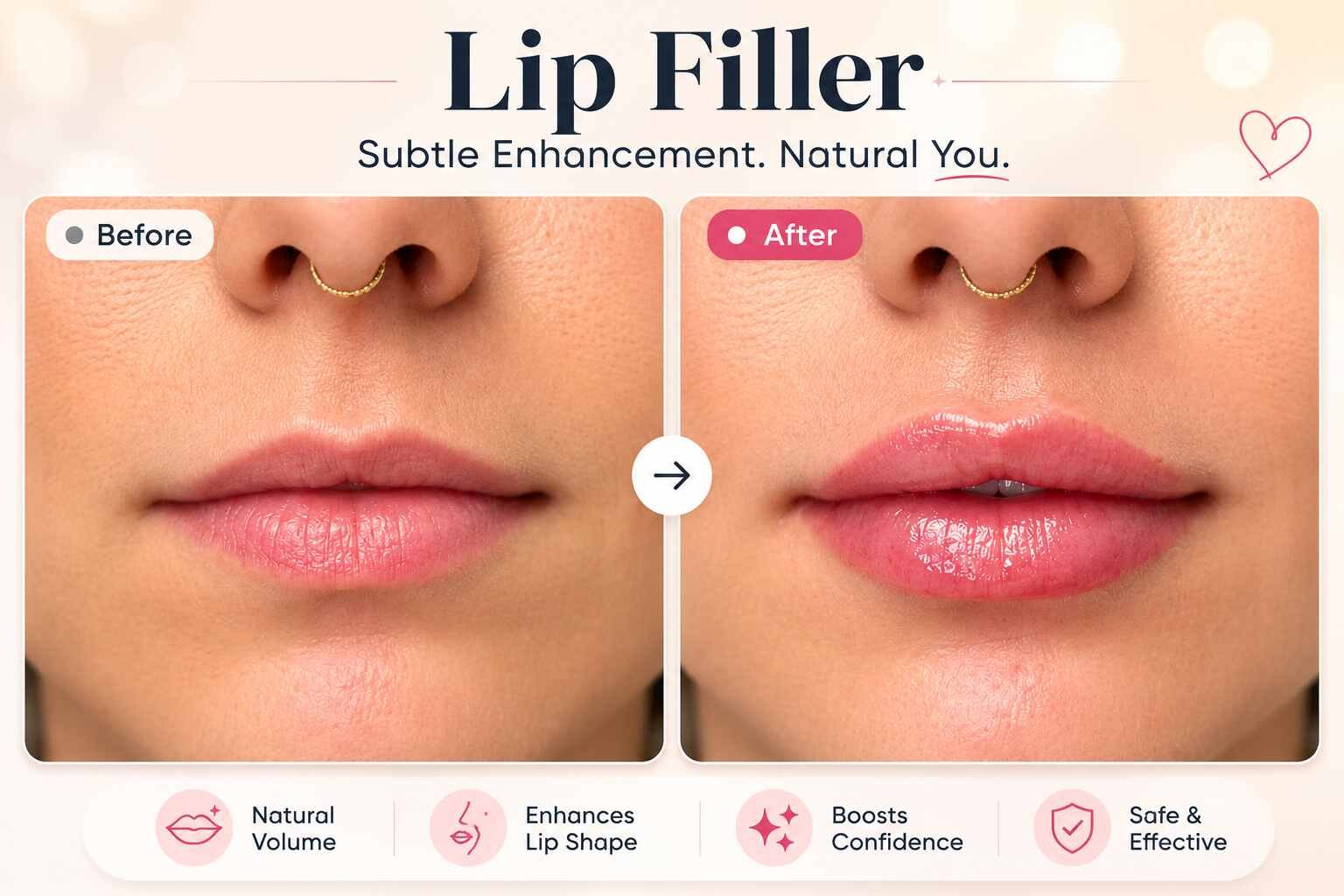 Side-by-side comparison showing lips before and after dermal filler treatment, with the after image displaying subtle increased volume, improved symmetry, and enhanced lip definition while maintaining a natural appearance.